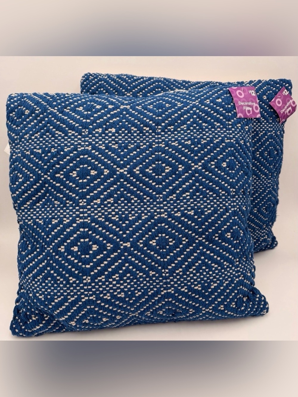 Set of Decorative Throw Pillows 100% Cotton Blue and White Woven